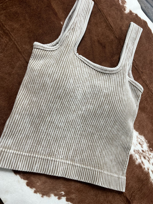 ASH MOCHA STONE WASHED RIBBED SQUARE NECK WITH BRA PADS