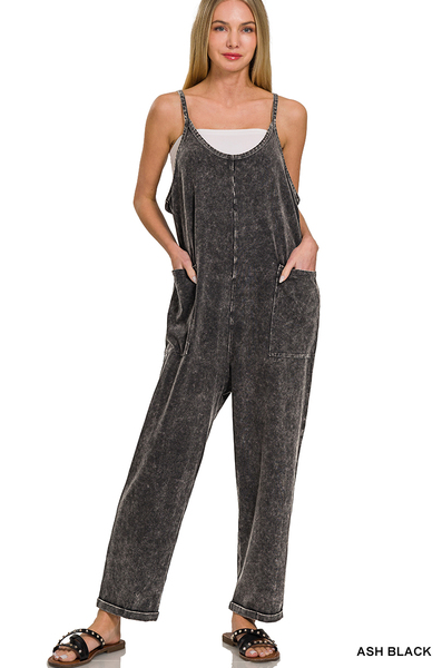 Ash Black Washed Overalls with Pockets