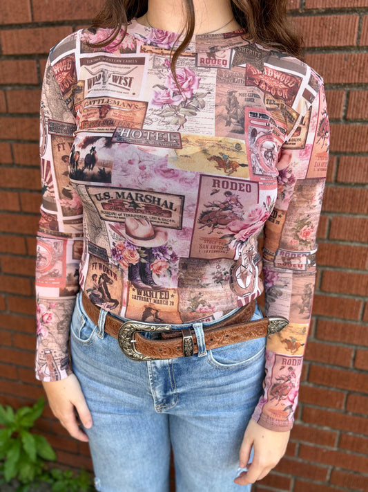 TEXAS BOOT COLLAGE PRINTED LONG SLEEVE MESH TOP