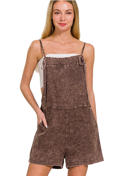 BROWN WASHED LINEN KNOT STRAP ROMPERS